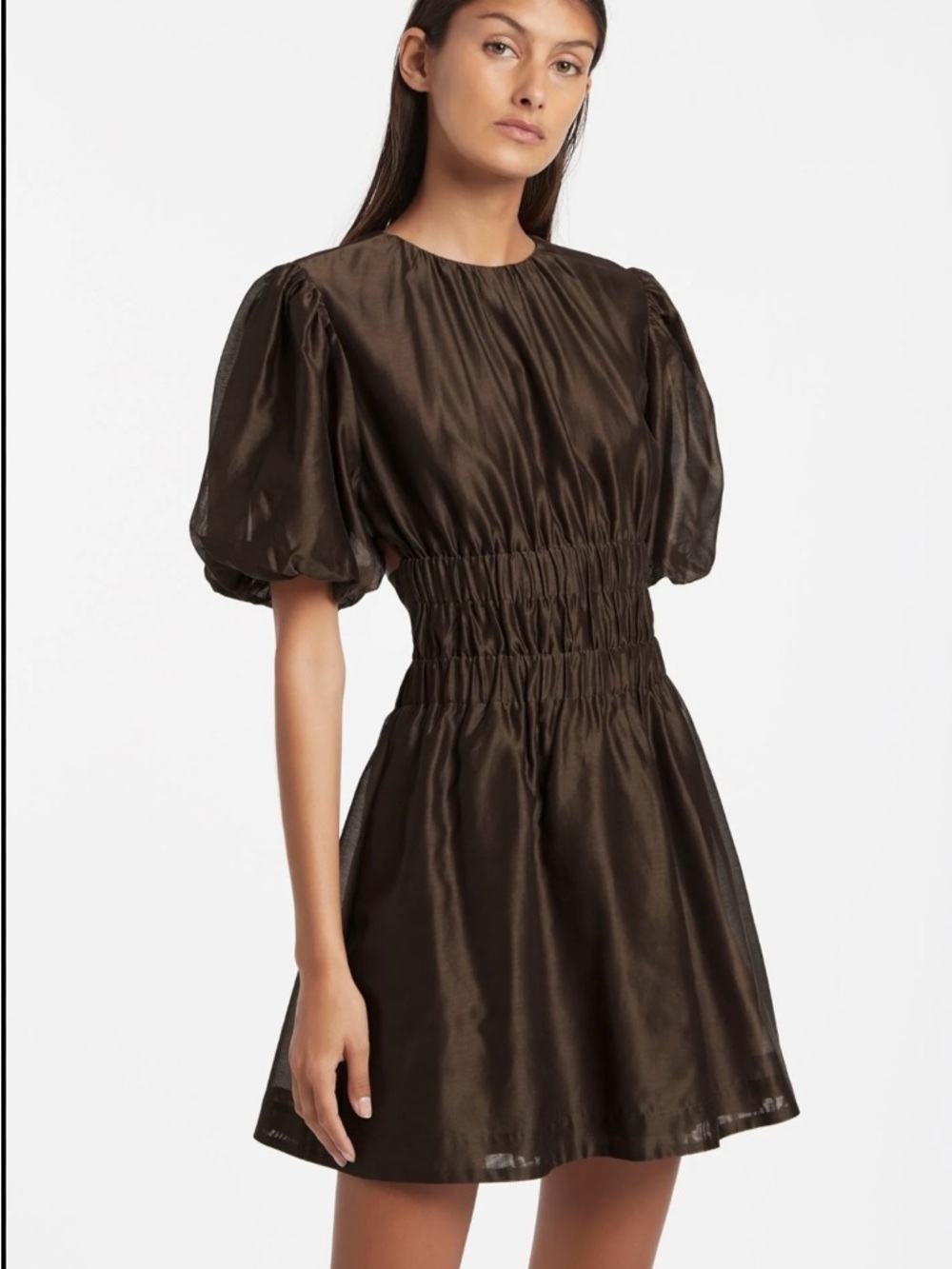 SIR the label Brown Puff-Sleeve Smocked Mini Dress